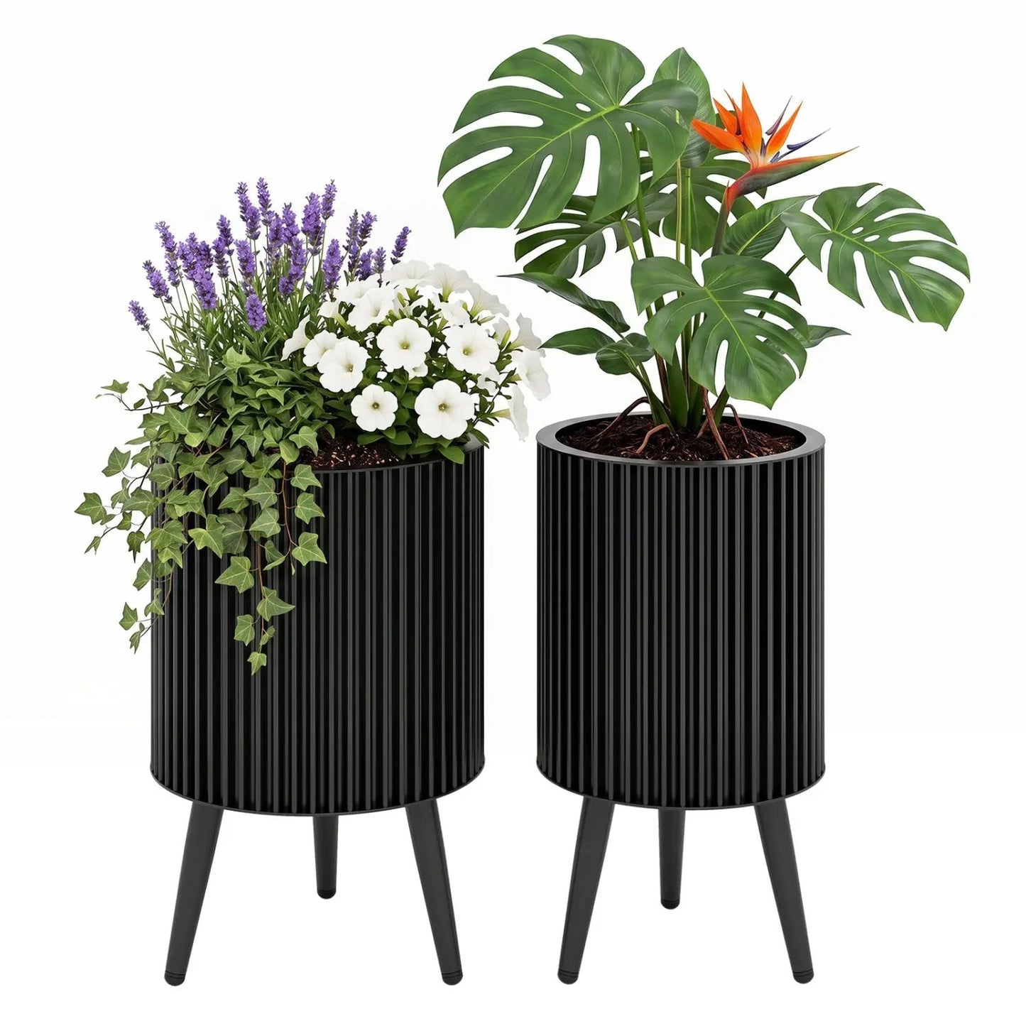 Fluted Metal Planter Pots with Stand Set of Two