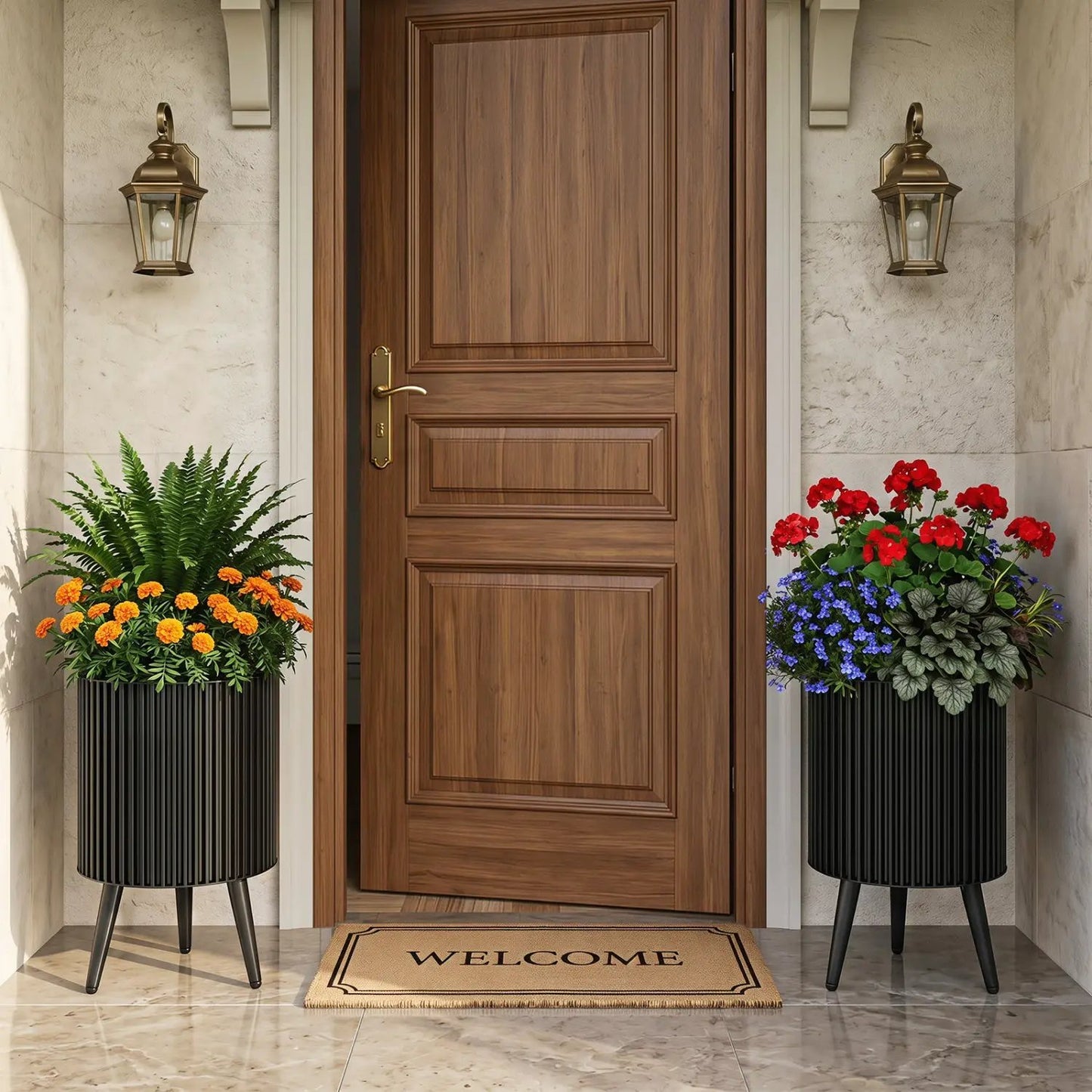 Fluted Metal Planter Pots with Stand Set of Two