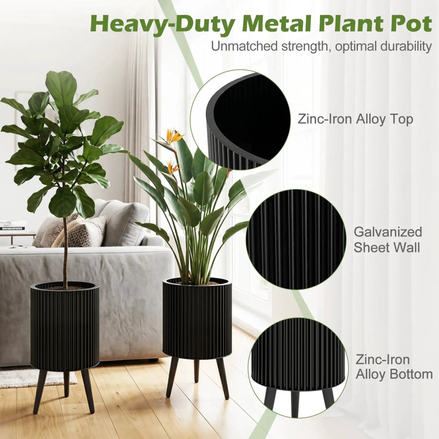 Fluted Metal Planter Pots with Stand Set of Two