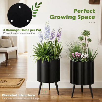 Fluted Metal Planter Pots with Stand Set of Two