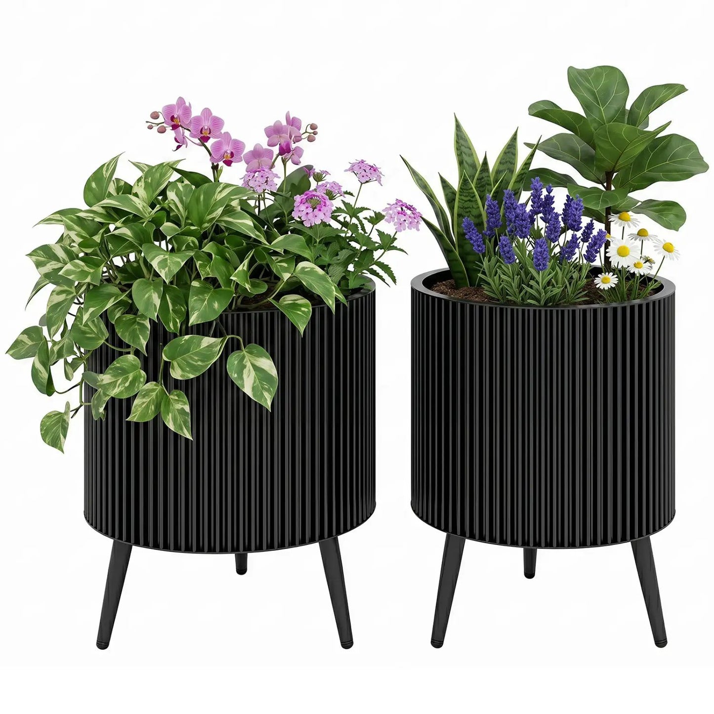 Fluted Metal Planter Pots with Stand Set of Two
