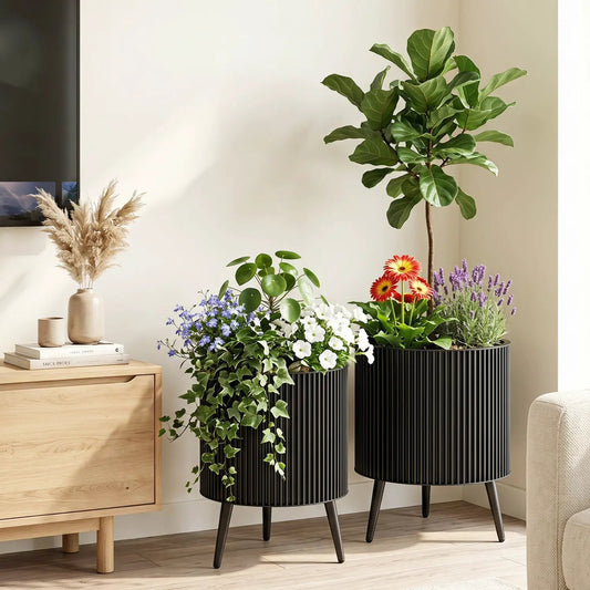 Fluted metal planter pots with stand 2-pack by DirectDeals, black ribbed planters with greenery on Tampa Home & Garden Store