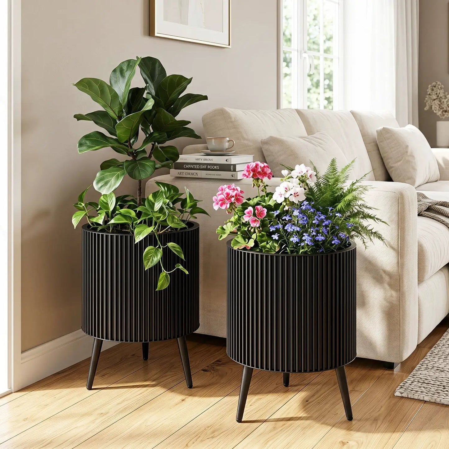 Fluted Metal Planter Pots with Stand Set of Two