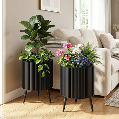 Fluted Metal Planter Pots with Stand Set of Two