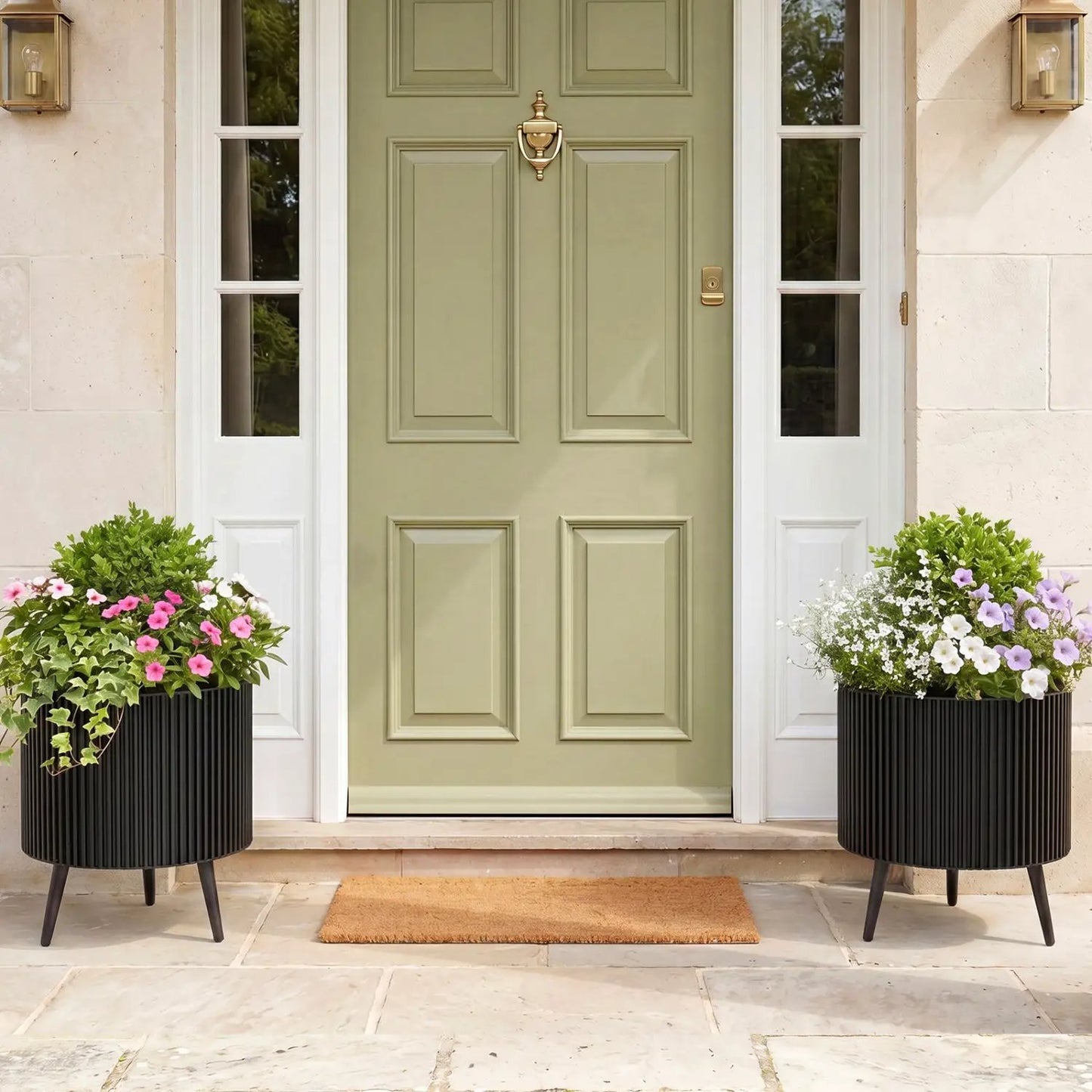 Fluted Metal Planter Pots with Stand Set of Two