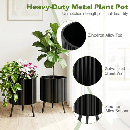 Fluted Metal Planter Pots with Stand Set of Two
