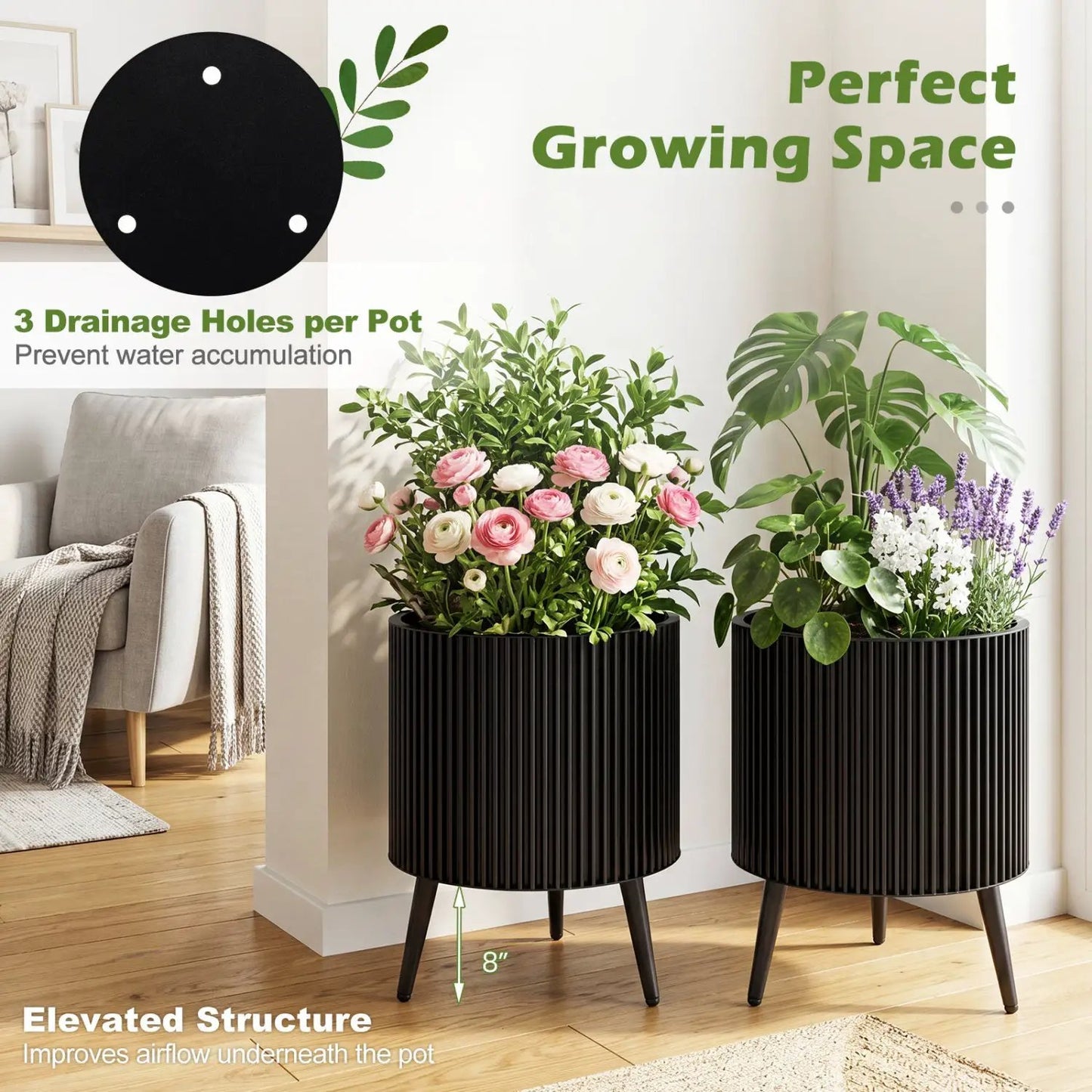 Fluted Metal Planter Pots with Stand Set of Two