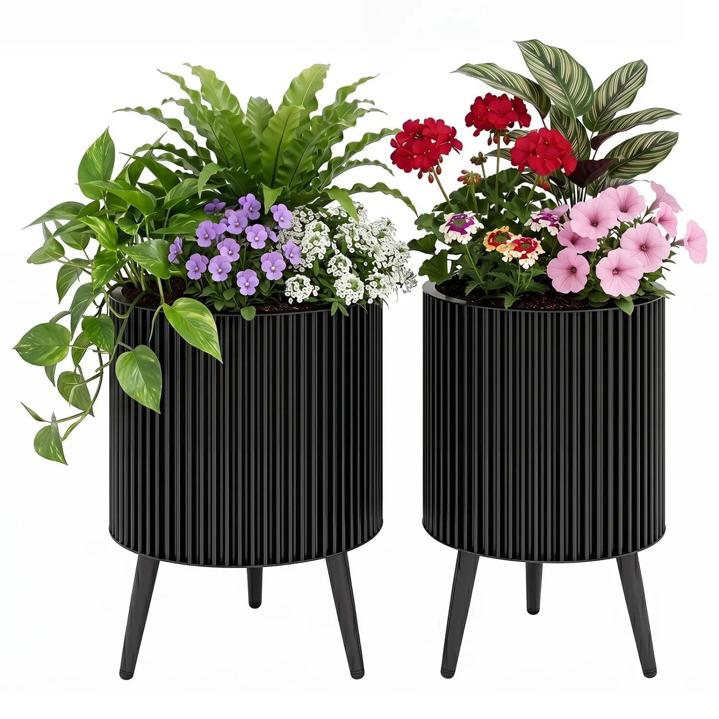 Fluted Metal Planter Pots with Stand Set of Two