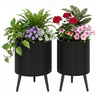 Fluted Metal Planter Pots with Stand Set of Two