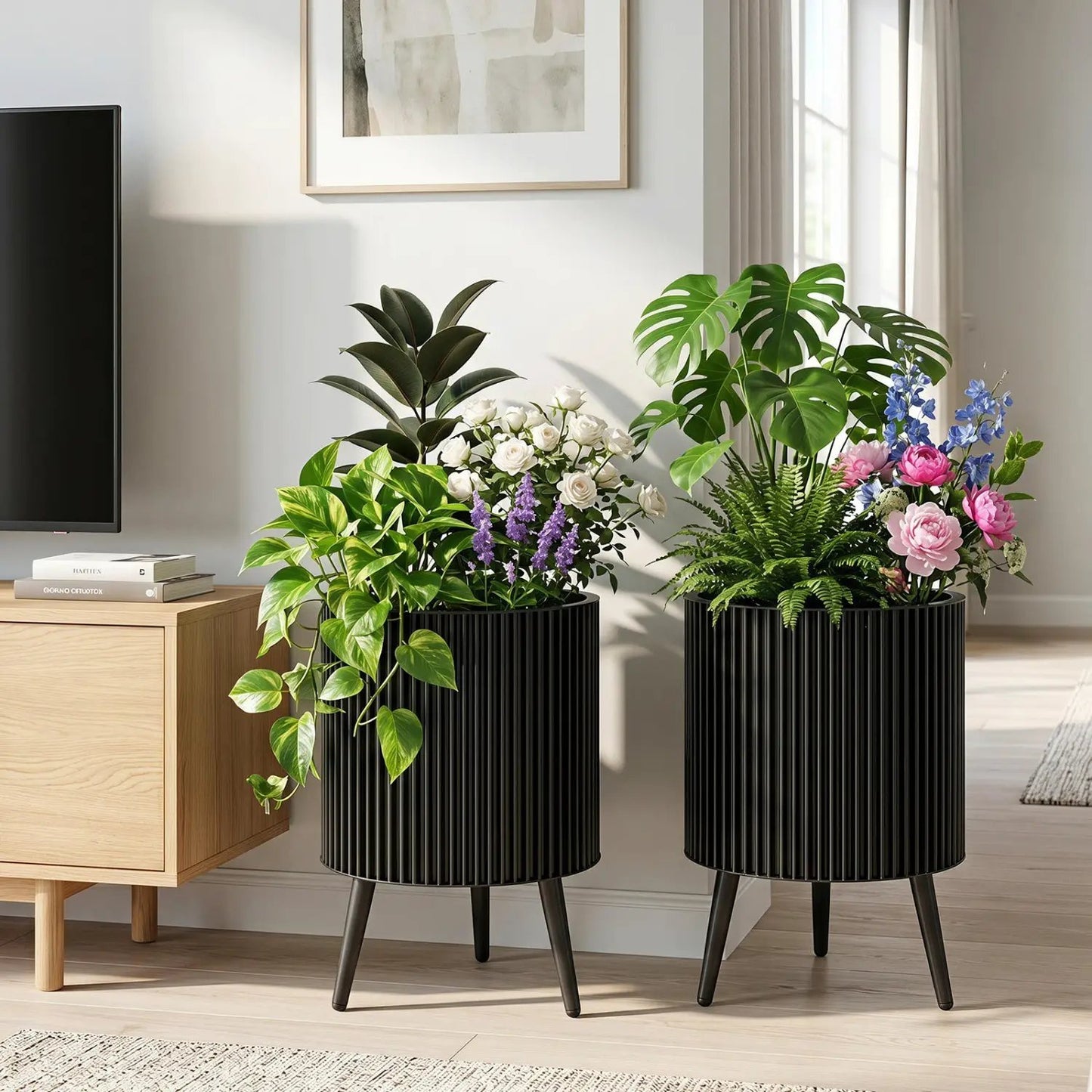 Fluted Metal Planter Pots with Stand Set of Two