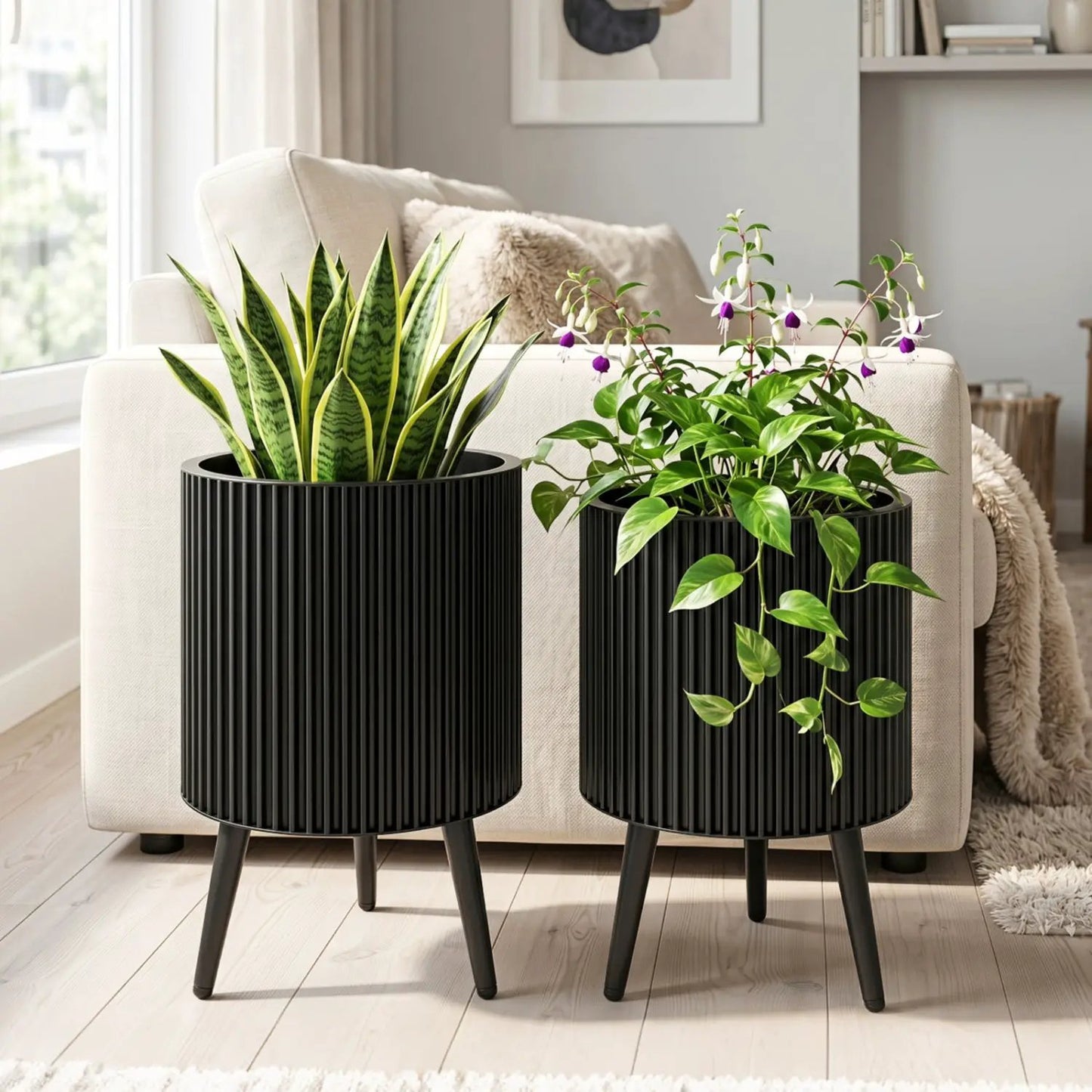 Fluted Metal Planter Pots with Stand Set of Two