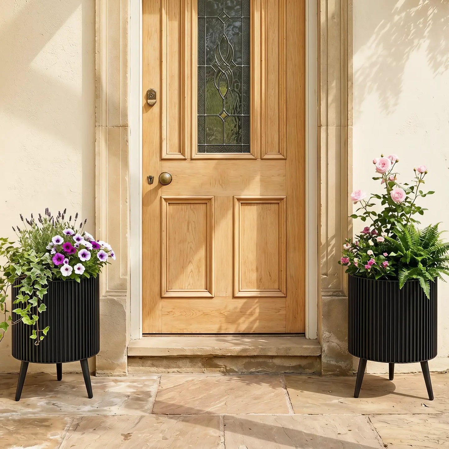 Fluted Metal Planter Pots with Stand Set of Two