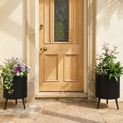 Fluted Metal Planter Pots with Stand Set of Two