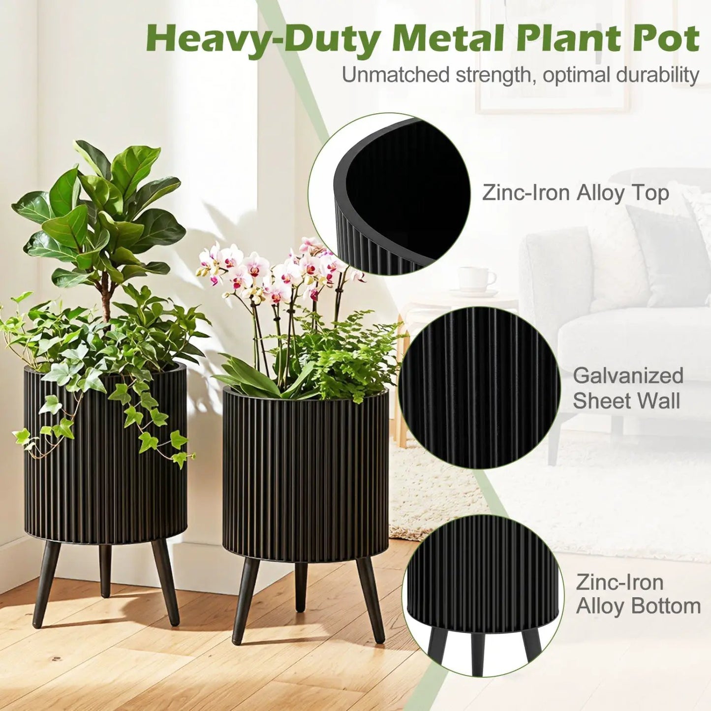 Fluted Metal Planter Pots with Stand Set of Two