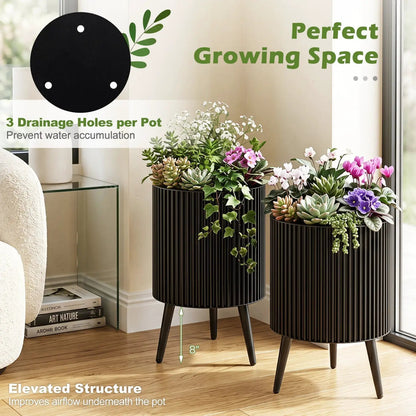 Fluted Metal Planter Pots with Stand Set of Two