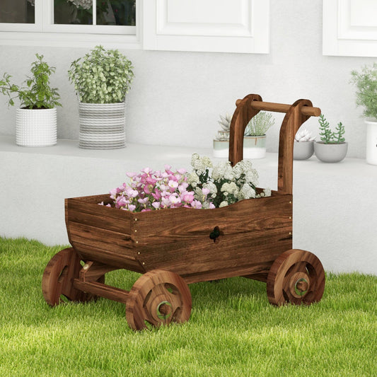Decorative Wooden Wagon Cart with Handle Wheels and Drainage Hole-Rustic Brown - Tampa Home & Garden Store
