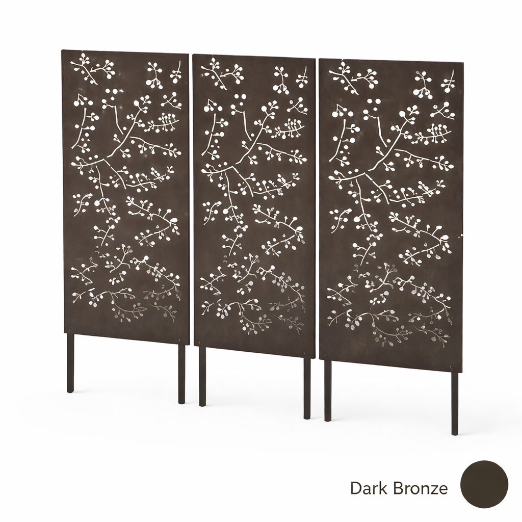 Outdoor metal privacy screen panel, wattle twig design, 3-panel dark bronze Rustica Ornamentals on Tampa Home & Garden Store