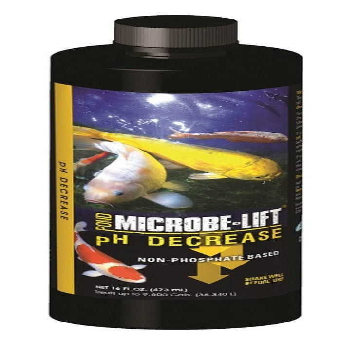 Microbe-Lift pH Decrease liquid bottle Rivendell Distribution, black 16 oz with fish label on Tampa Home & Garden Store