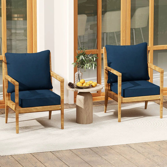 Deep seat chair cushions with rope belts in navy blue on two wooden outdoor chairs on Tampa Home & Garden Store