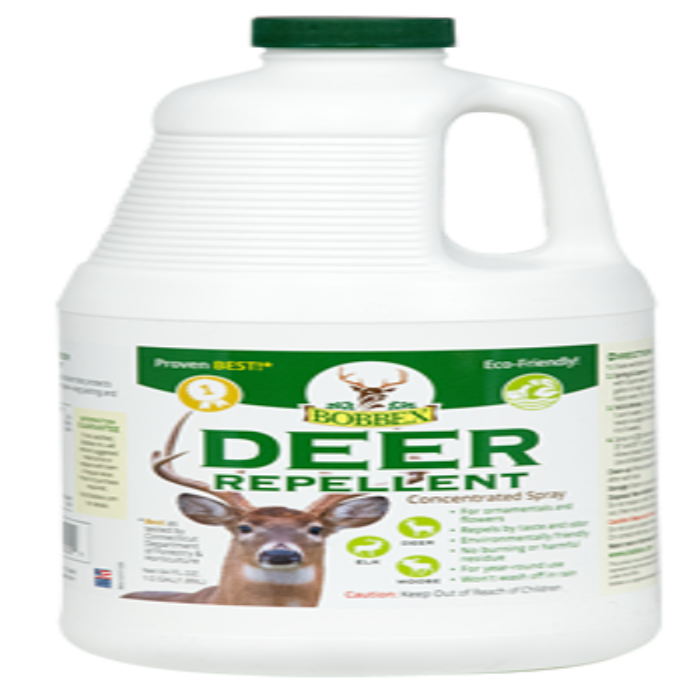 Bobbex Deer Repellent Concentrate jug, white plastic container with green cap and deer label on Tampa Home & Garden Store