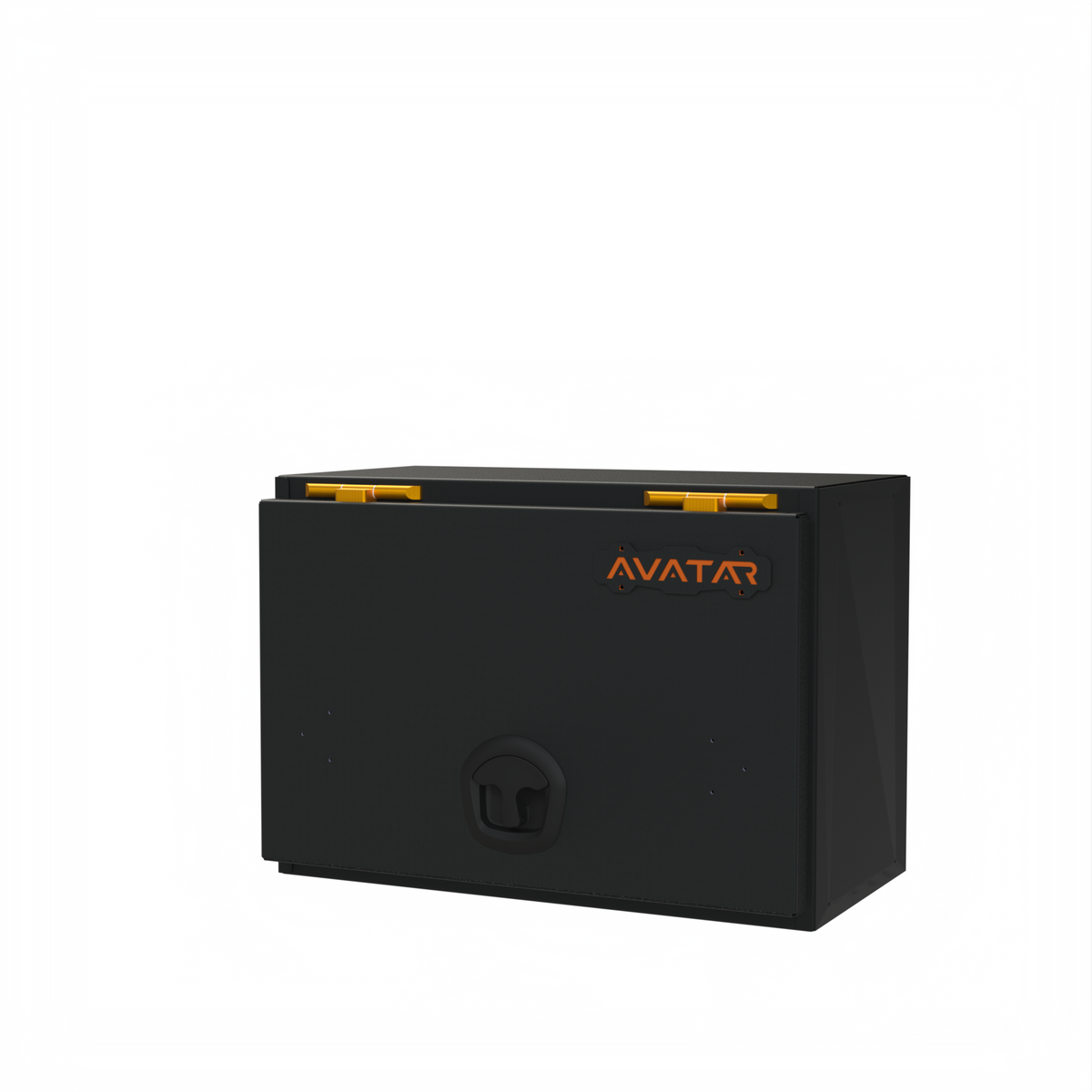 Avatar Deka Box storage box black metal with orange latches and Avatar logo small rear door on Tampa Home & Garden Store