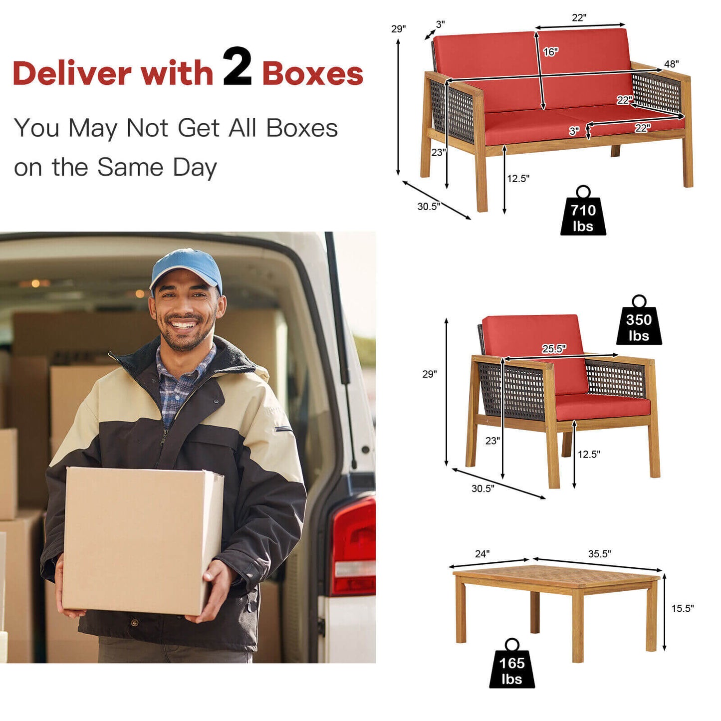 Juego de muebles de patio de ratán de 4 piezas con cojines extraíbles - Rojo