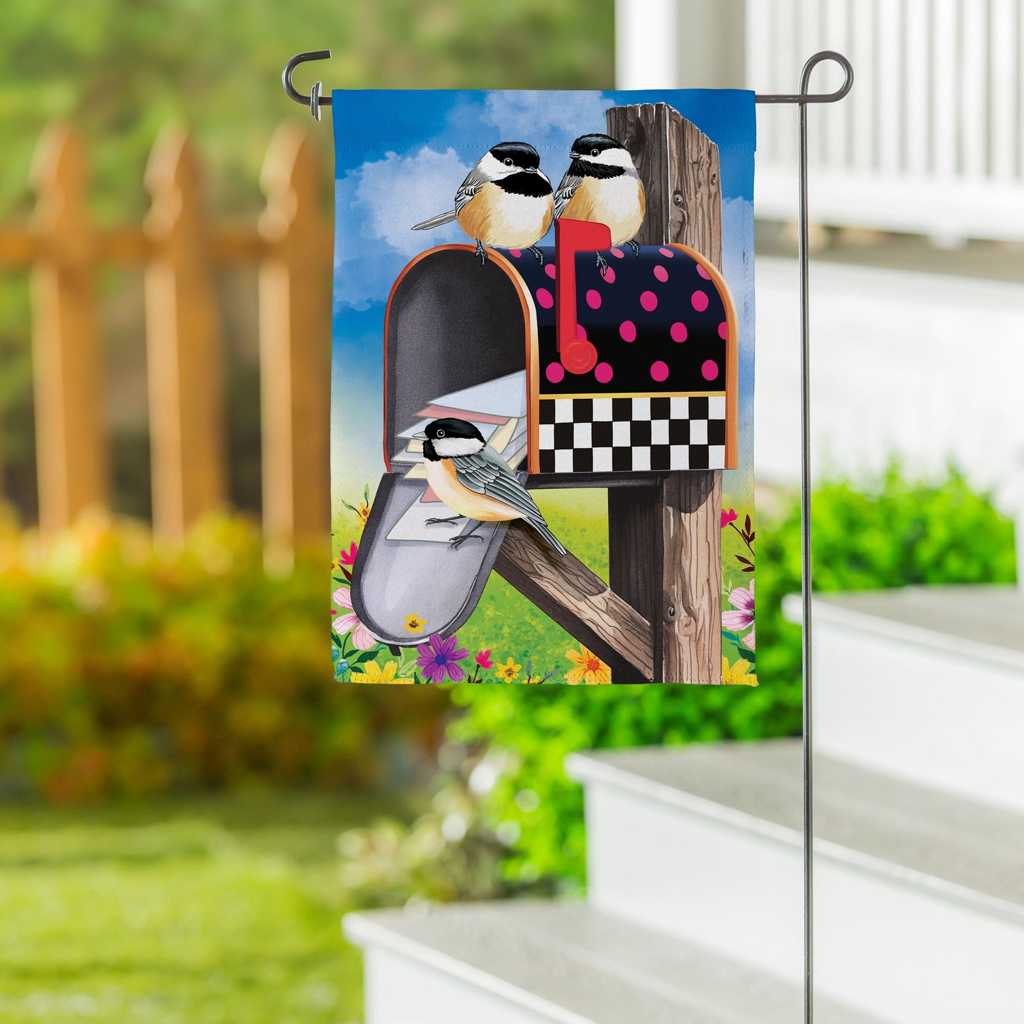 Delivery Chickadees Suede Garden Flag - Tampa Home & Garden Store
