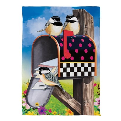 Delivery Chickadees Suede Garden Flag - Tampa Home & Garden Store