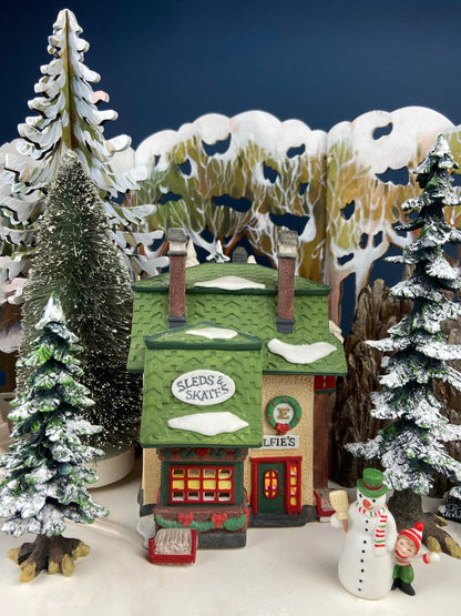 Department 56 Illuminated House. Elfie's Sleds and Skates. North Pole Series. Hand Painted Porcelain Building with Lights. Christmas Decor. - Tampa Home & Garden Store
