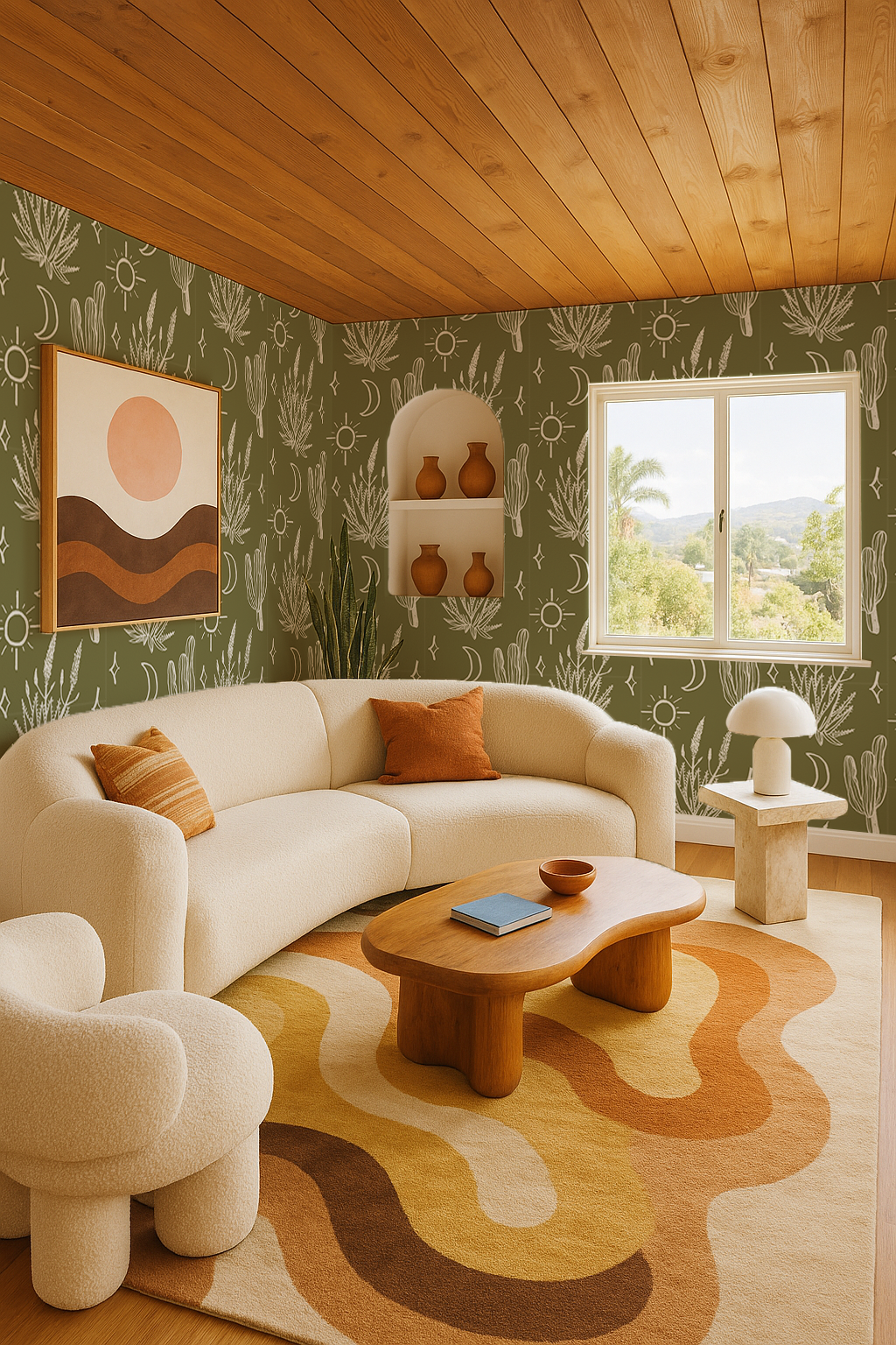 Desert Sky Wallpaper, large pattern, moss green and white - Tampa Home & Garden Store