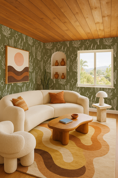 Desert Sky Wallpaper, large pattern, moss green and white - Tampa Home & Garden Store