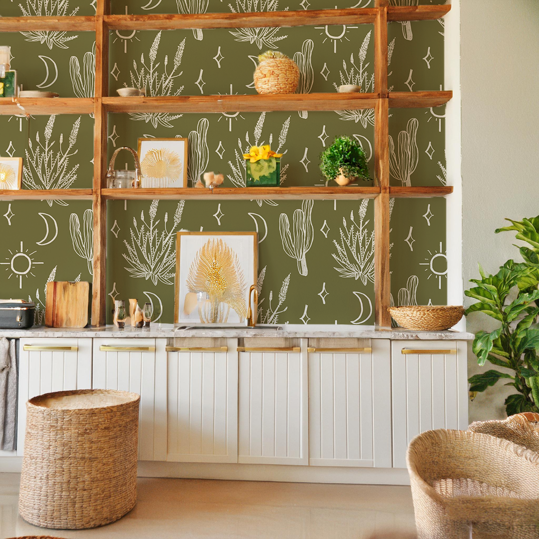 Desert Sky Wallpaper, large pattern, moss green and white - Tampa Home & Garden Store