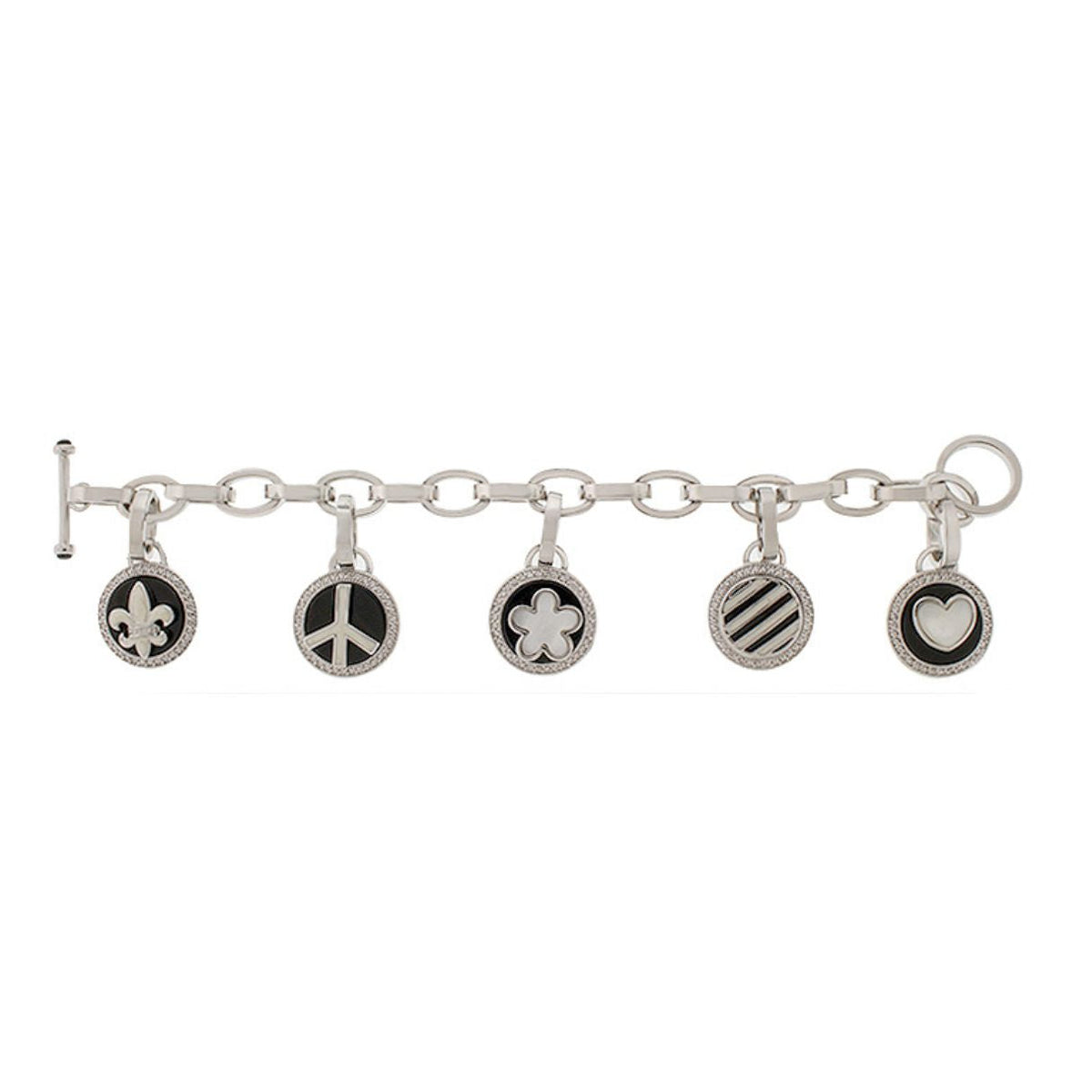 Peace and Love charm bracelet with 5 round black-enamel charms on silver chain by Lauren G Adams on Tampa Home & Garden Store
