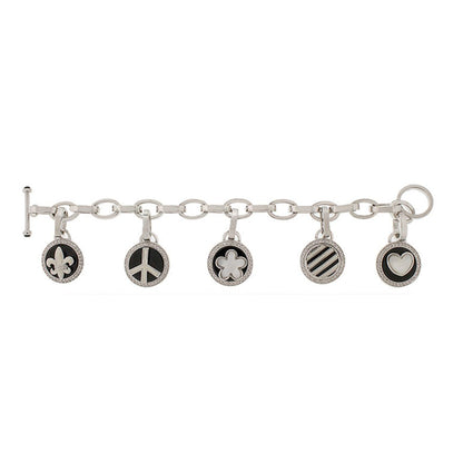 Peace and Love charm bracelet with 5 round black-enamel charms on silver chain by Lauren G Adams on Tampa Home & Garden Store