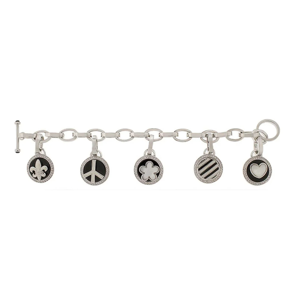 Peace and Love charm bracelet by Lauren G Adams; silver-tone chain with six round charms on Tampa Home & Garden Store