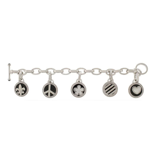 Peace and Love charm bracelet by Lauren G Adams; silver-tone chain with six round charms on Tampa Home & Garden Store