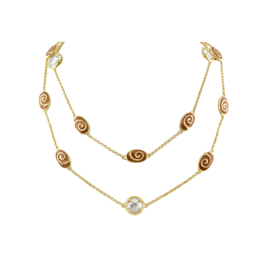 Signature Swirl Long Necklace, gold-tone chain with brown enamel swirls and crystal centerpiece on Tampa Home & Garden Store