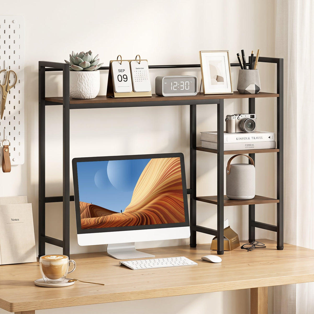 Desktop Bookshelf 38.5-inch with Storage Rack in black metal frame and warm wood shelves at desk on Tampa Home & Garden Store