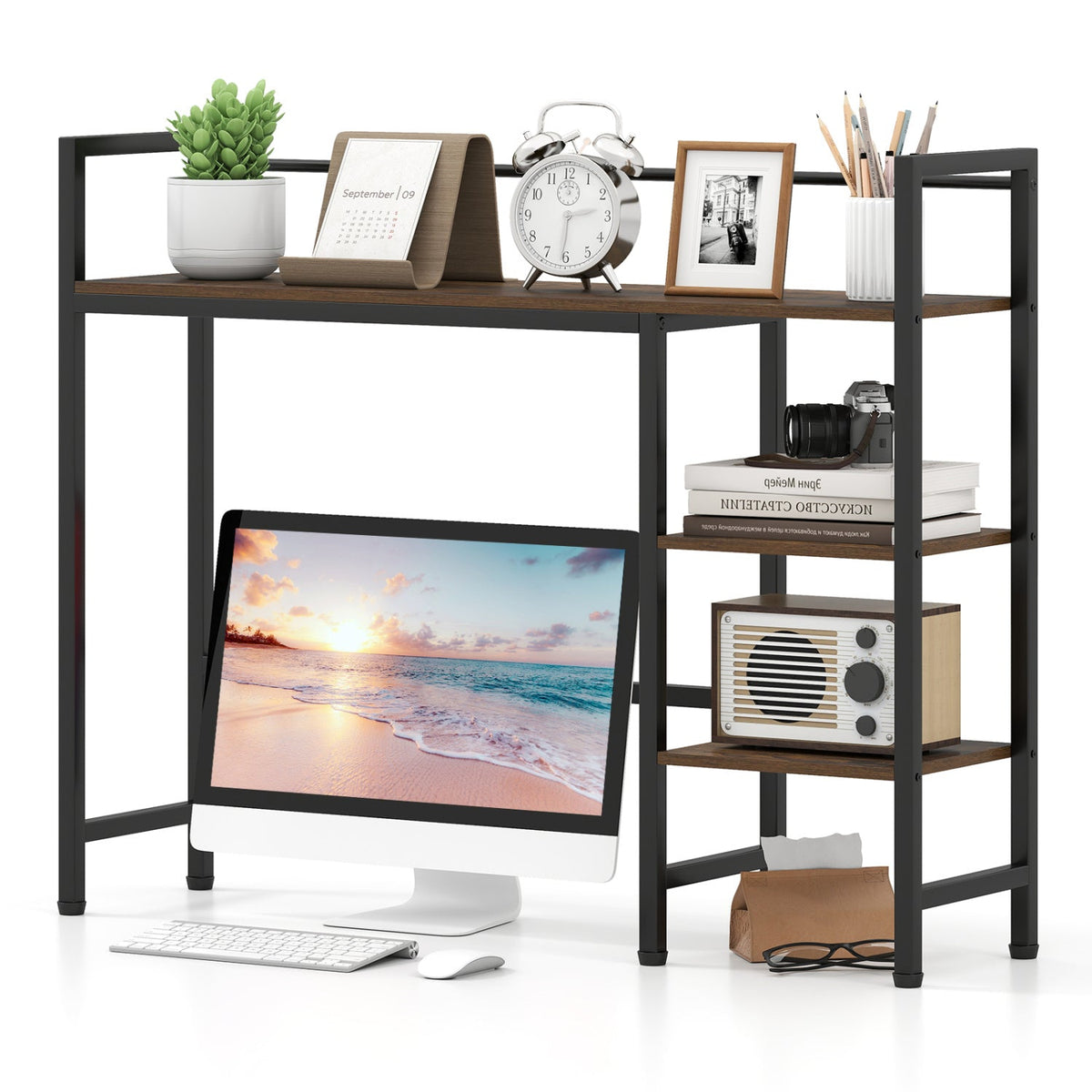 Desktop Bookshelf 38.5-in Storage Rack black metal frame with shelves holding plant clock books on Tampa Home & Garden Store