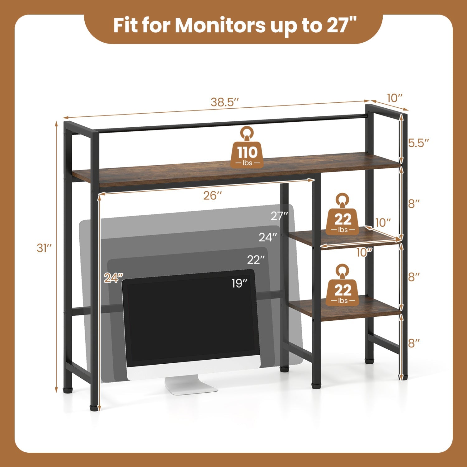 Desktop Bookshelf 38.5 in with storage rack, black metal frame and wood shelves by DirectDeals on Tampa Home & Garden Store