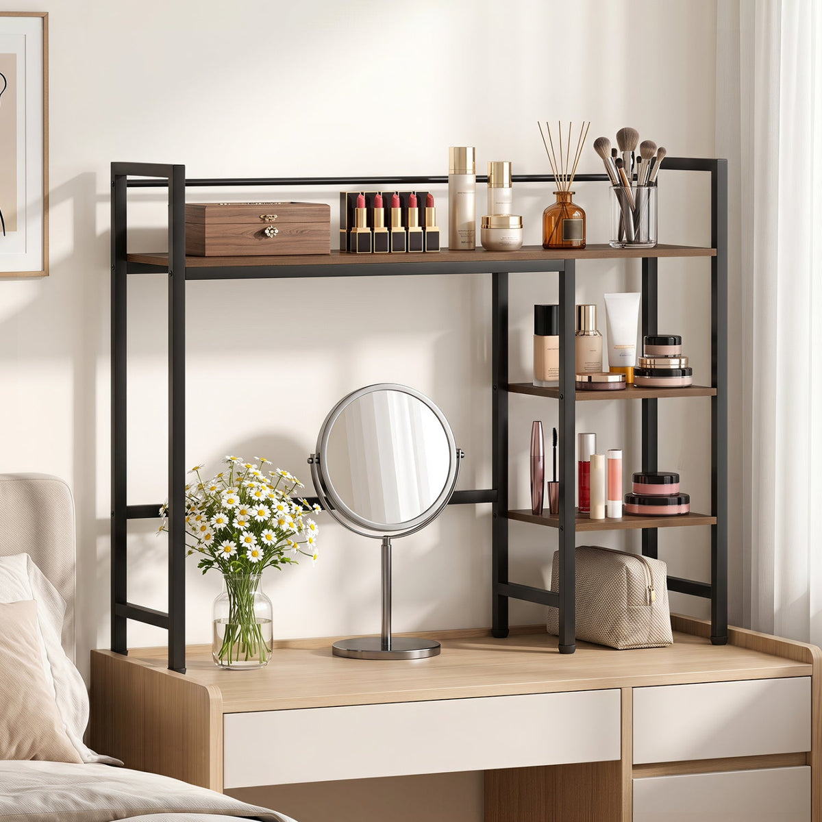 Desktop Bookshelf 38.5" with Storage Display Rack by DirectDeals; black metal frame and warm wood shelves for cosmetics and vanity items on Tampa Home & Garden Store