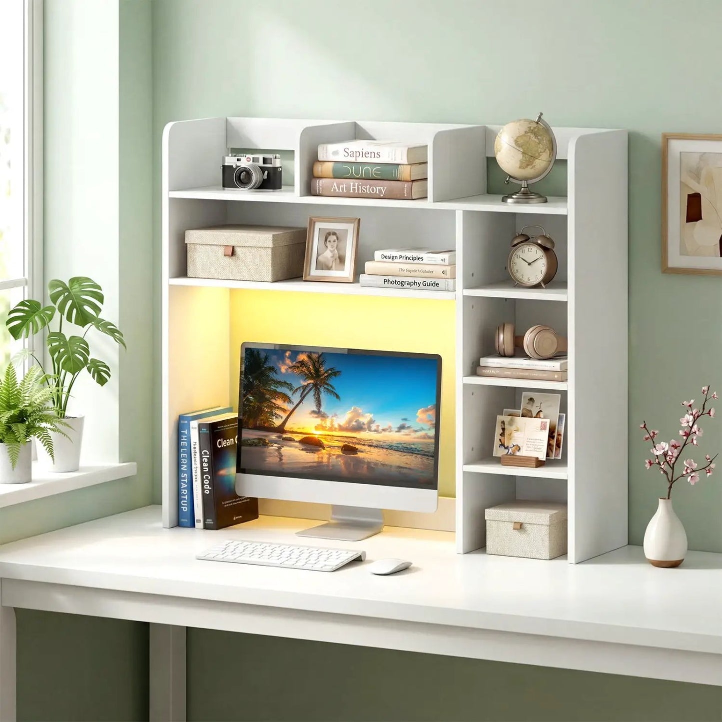 Desktop Bookshelf with LED Lights and Organizer