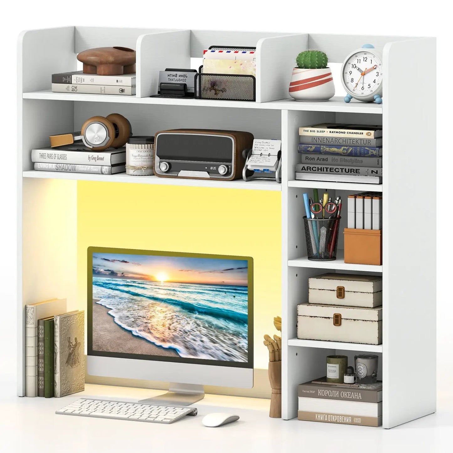 Desktop Bookshelf with LED Lights and Organizer