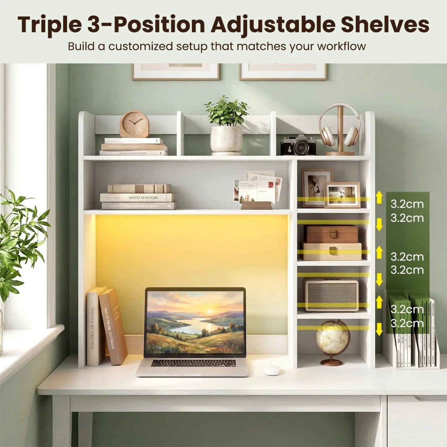 Desktop Bookshelf with LED Lights and Organizer