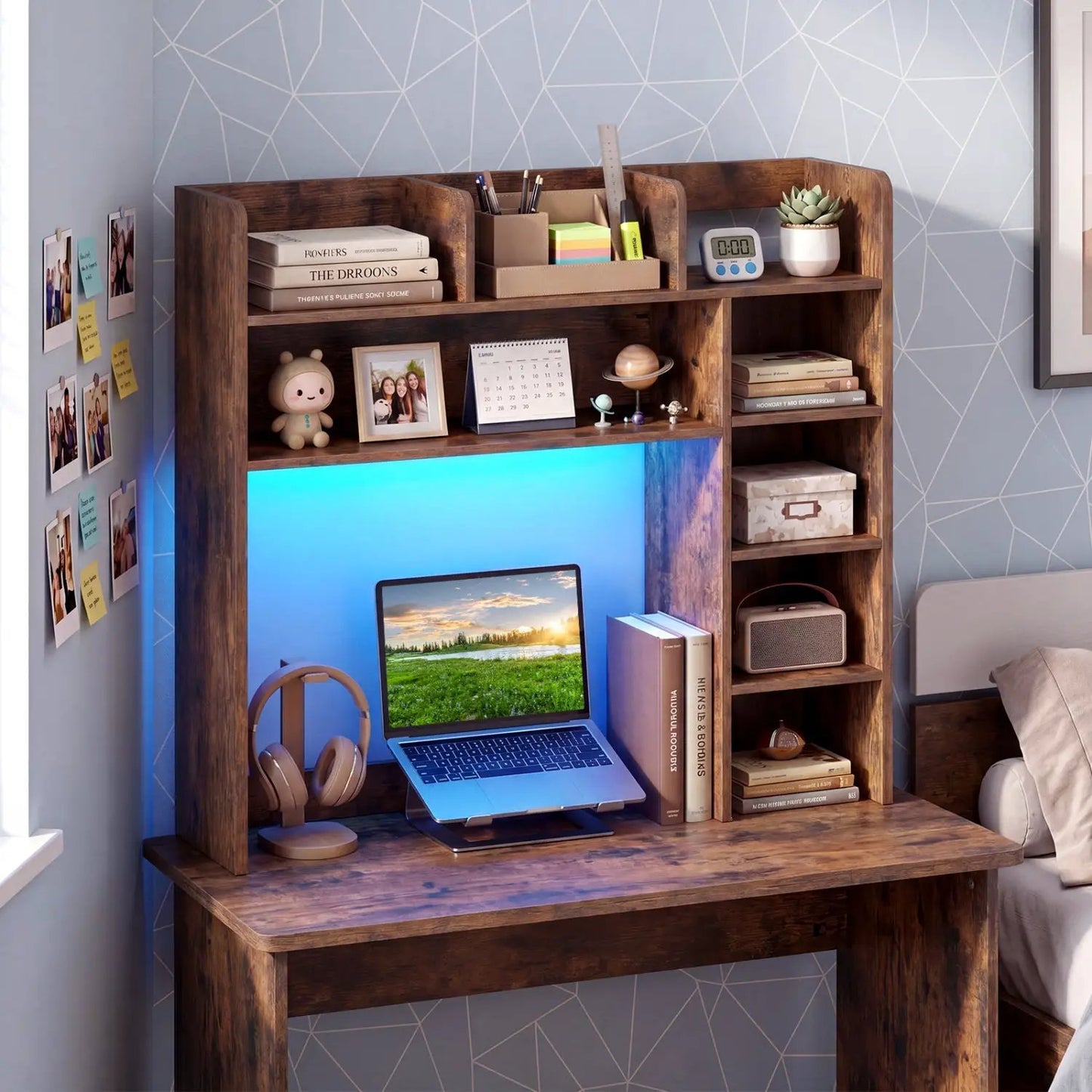 Desktop Bookshelf with LED Lights and Organizer