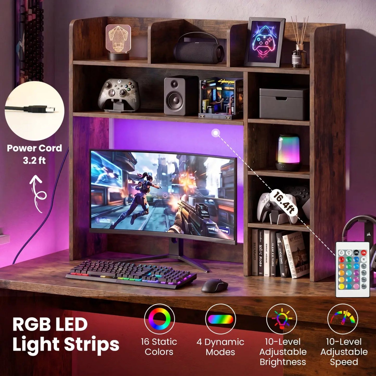 Desktop Bookshelf with LED Lights and Organizer