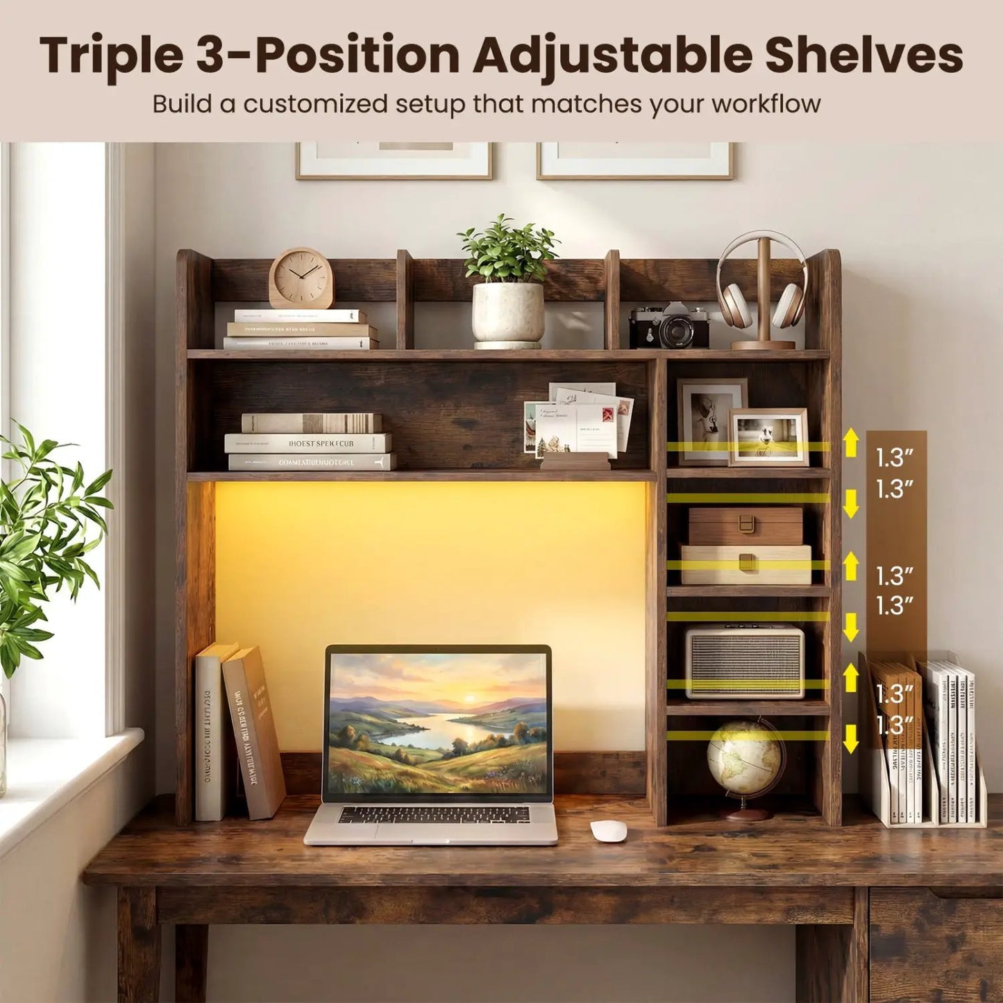 Desktop Bookshelf with LED Lights and Organizer