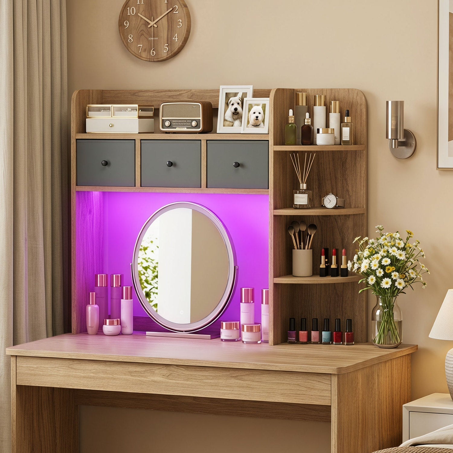 Desktop Bookshelf with LED Lights, 5-tier storage and 3 drawers, round mirror DirectDeals on Tampa Home & Garden Store