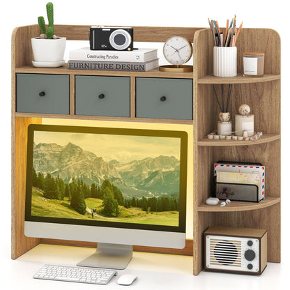 Desktop bookshelf with LED lights, 5-tier storage and 3 gray drawers, wood finish on Tampa Home & Garden Store