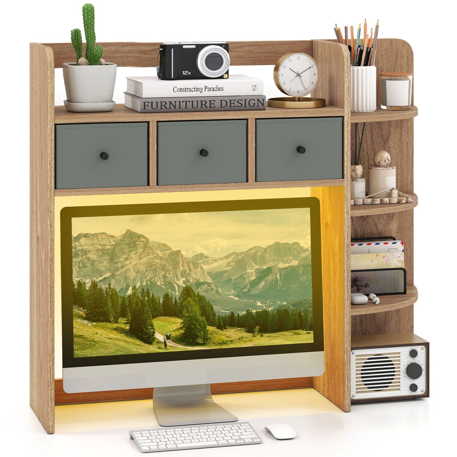 Desktop bookshelf with LED lights, 5-tier storage & 3 gray-green drawers DirectDeals on Tampa Home & Garden Store